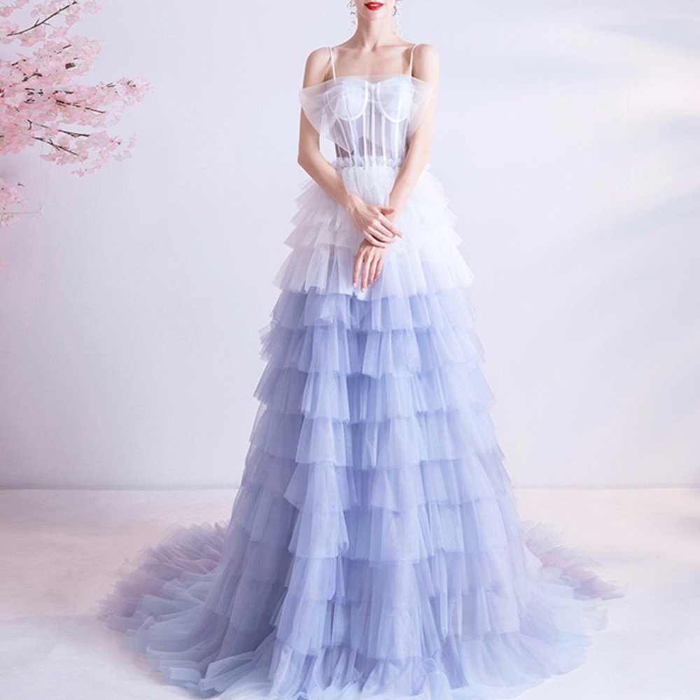 Blue ombré tulle formal prom / party gown dress